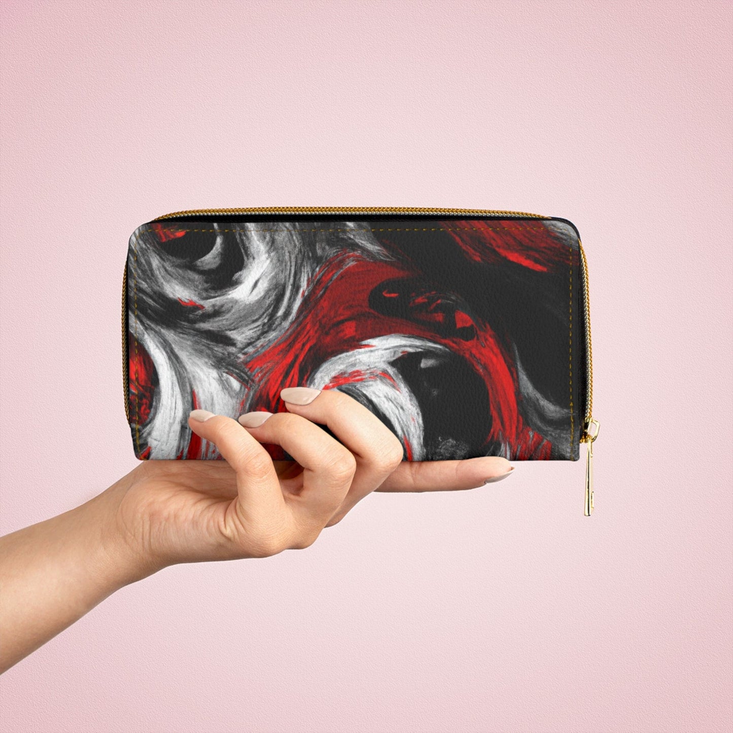 Decorative Black Red White Abstract Seamless Pattern Womens Zipper Wallet Clutch Purse