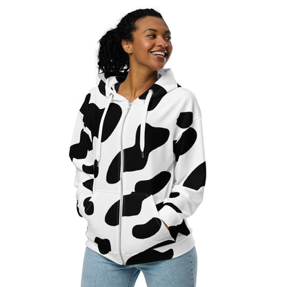 Zip Hoodie Black White Cow Print