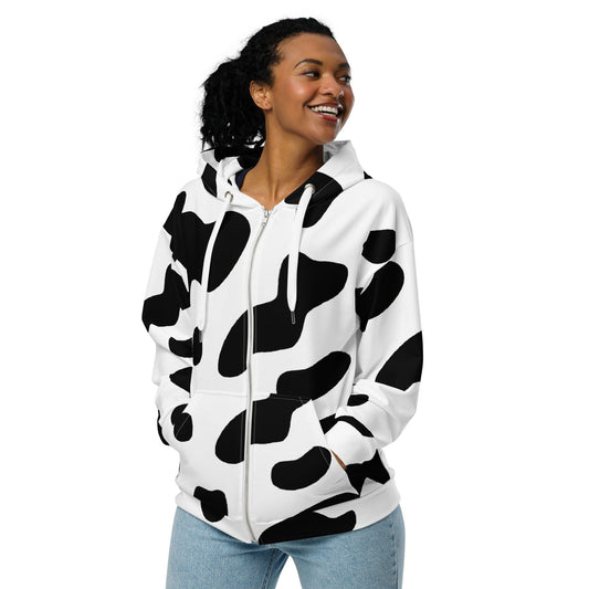 Zip Hoodie Black White Cow Print